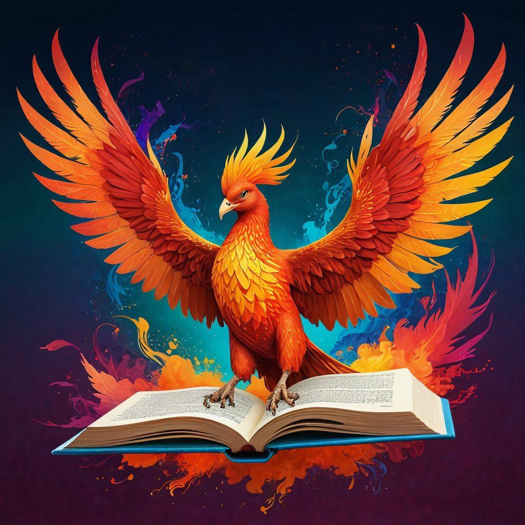 A vibrant, surreal illustration of a phoenix rising from a digital diary, with ashes swirling around and transforming into colorful words and ideas. The background features an engaging blend of warm and cool colors, symbolizing creativity and inspiration. The phoenix has fiery plumage that glows, and the diary is open, pages fluttering as fresh content sparks into life. surreal. vibrant colors. 3D.