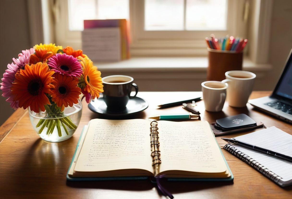 A beautifully illuminated desk with a vintage diary open, surrounded by colorful stationery and inspirational quotes. A soft, warm light casts gentle shadows, evoking a cozy and reflective atmosphere. In the background, hints of a laptop and a steaming cup of coffee inspire feelings of creativity and ambition. Include vibrant flowers to symbolize growth and inspiration. super-realistic. warm colors. cozy atmosphere.