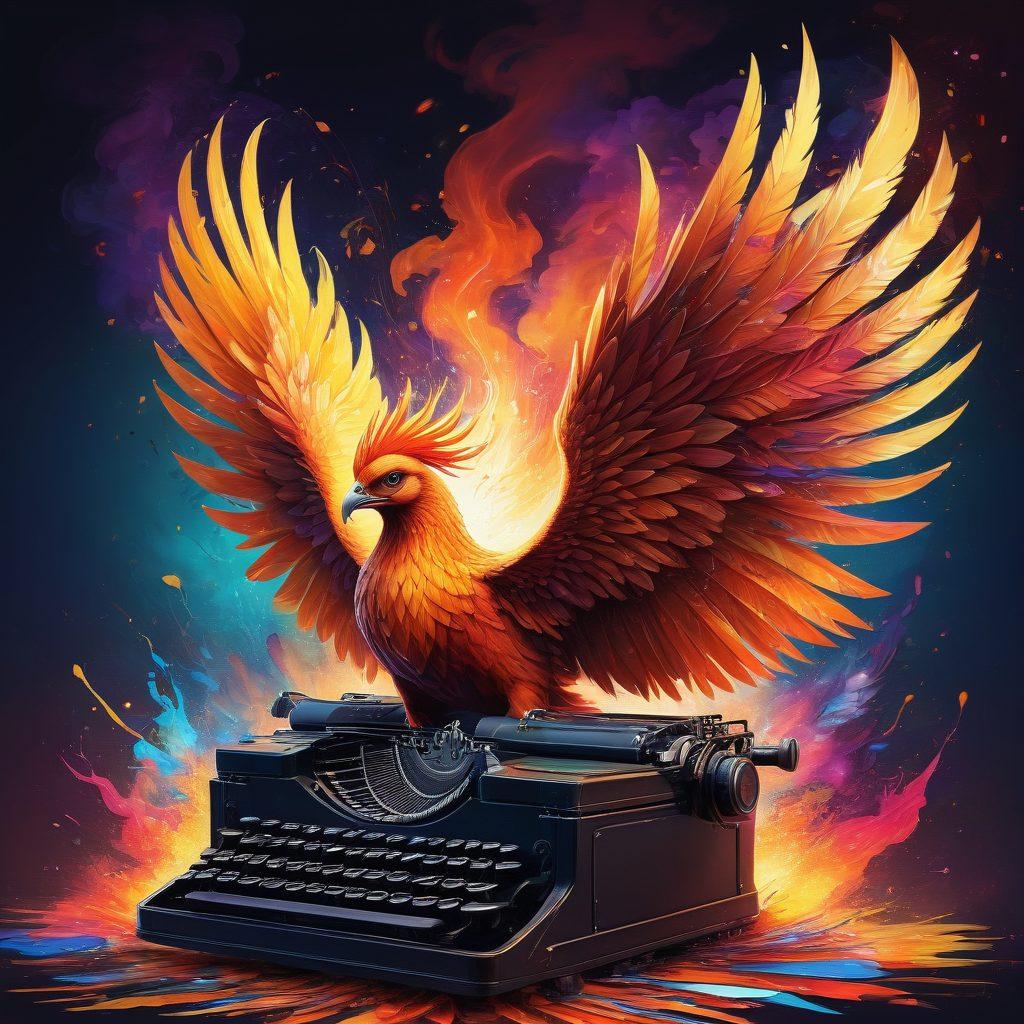 A phoenix rising from a typewriter, symbolizing rebirth and creativity through writing. Bright flames and colorful ink splashes surround the phoenix, representing the digital presence ignited by content creation. The background features abstract shapes of social media icons, conveying the connection between writing and online platforms. Heroic and inspiring atmosphere, vibrant colors that evoke energy and passion. super-realistic. vibrant colors.